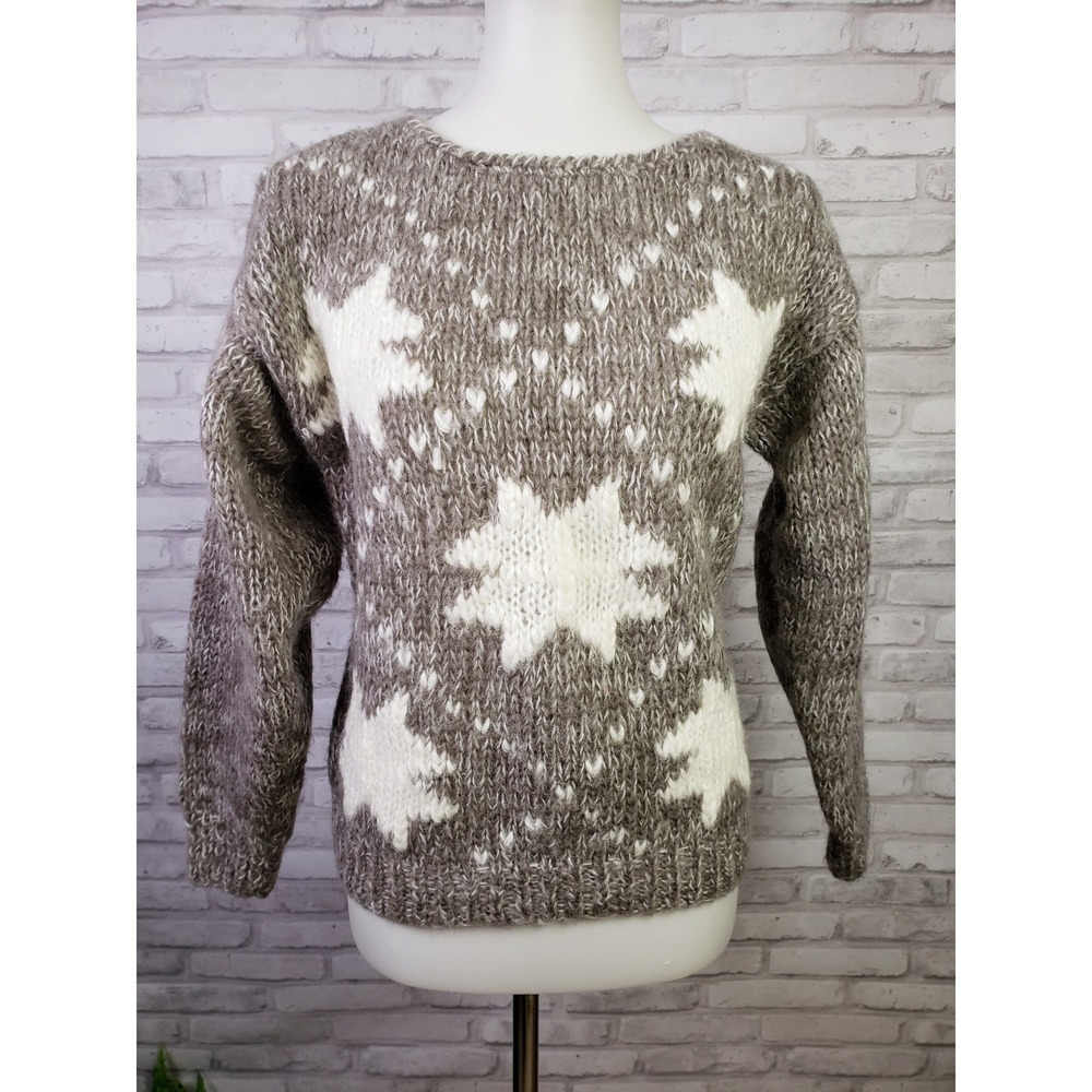 Vintage 1980s‎ wool blend hand knit women's sweater quilt stars design - Small